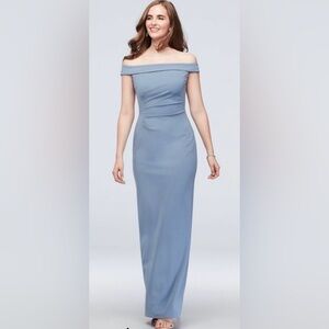 David's Bridal floor-length gown off-the-shoulder neckline and ruched bodice 14